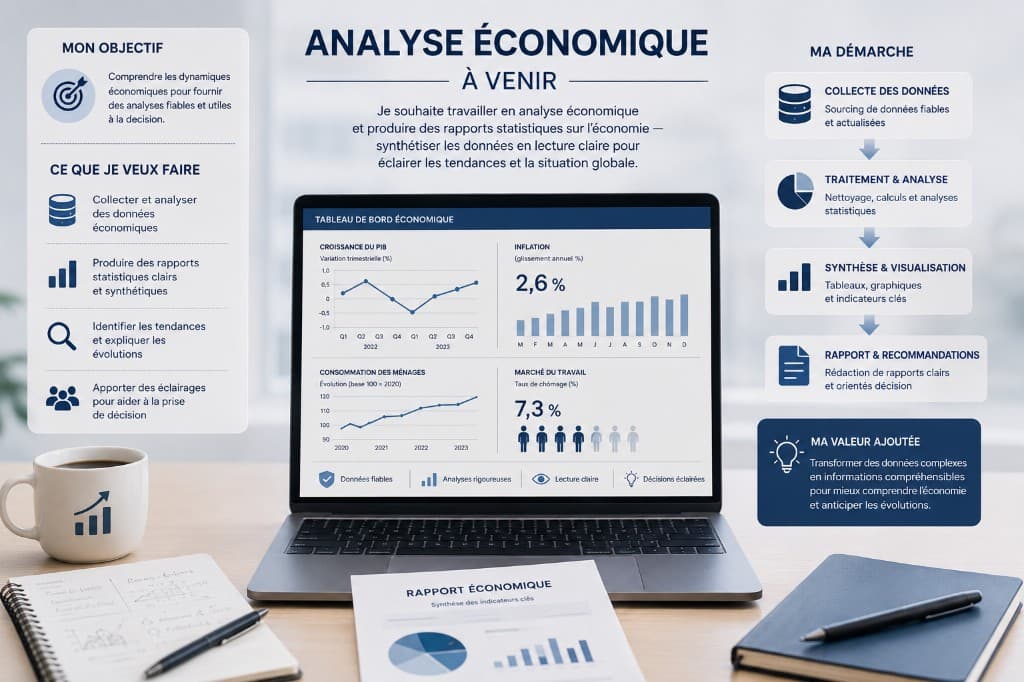 Infographie projet à venir : analyse économique — objectifs, démarche et tableau de bord statistiques.