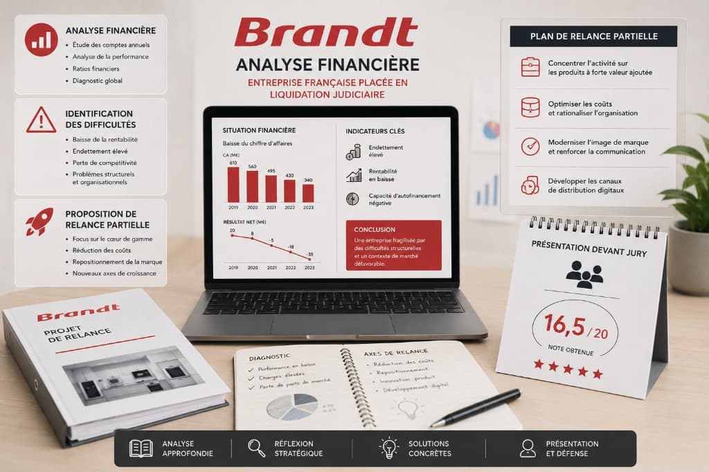 Infographie projet Brandt : analyse financière, liquidation judiciaire, plan de relance partielle et note 16,5 / 20 devant jury.