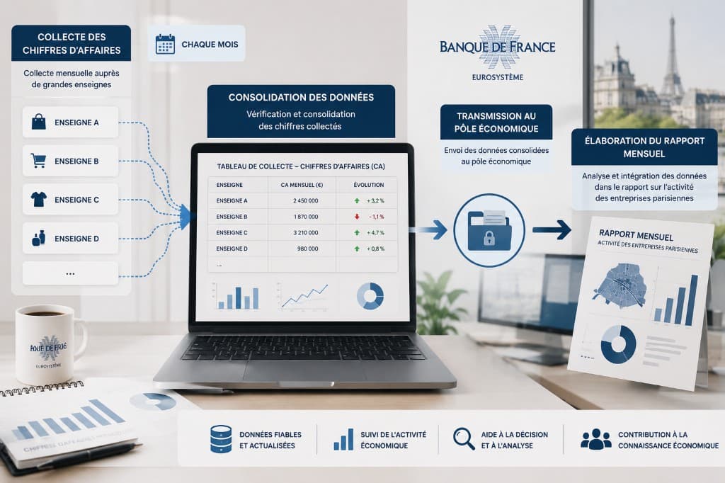 Infographie Banque de France : collecte des chiffres d’affaires, consolidation et rapport mensuel sur l’activité des entreprises parisiennes.