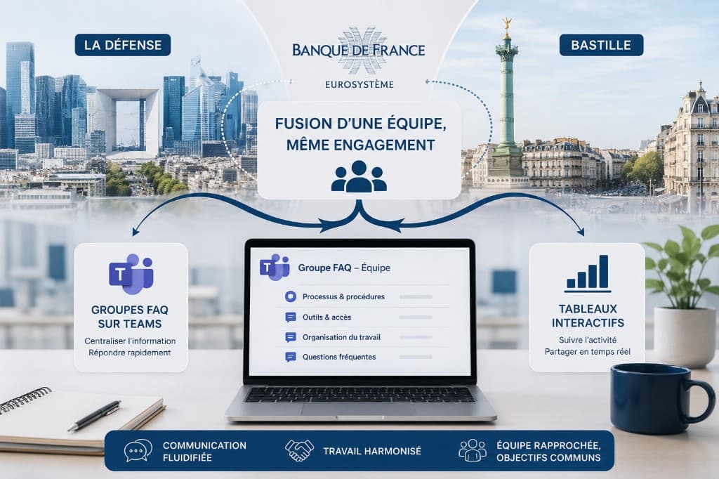 Infographie Banque de France : fusion d’une équipe La Défense et Bastille — FAQ Teams et tableaux interactifs.